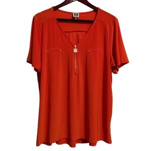 Anne Klein Womens XL Orange Short Sleeve Gold Zip Front V-Neck Blouse Top